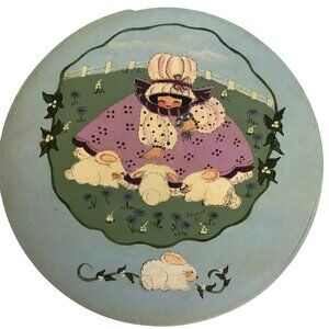 Hand-Painted 10" Bentwood Box Sheep Girl Folk Art Farmhouse Country Signed 1985